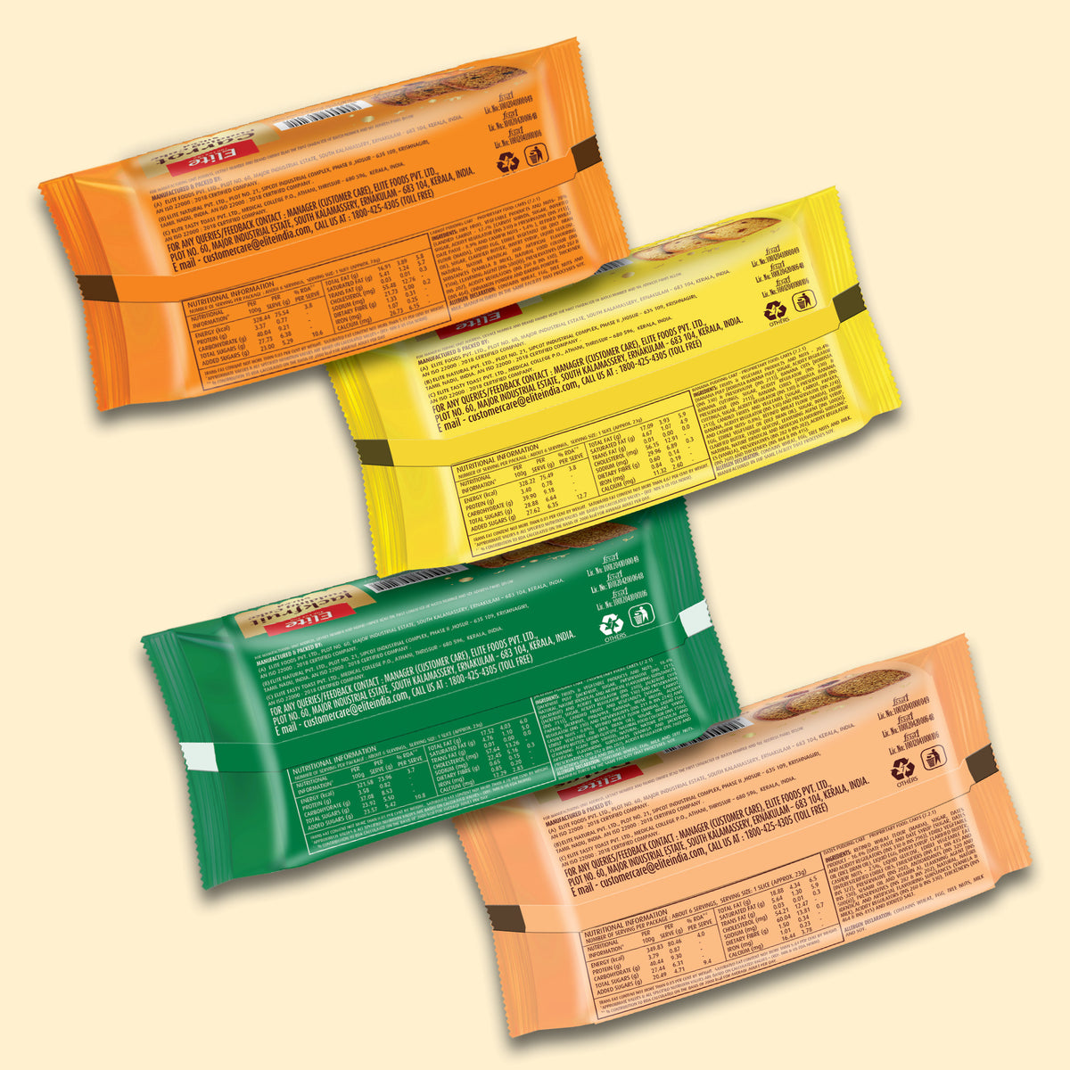 Elite Slice Cake Combo (Banana, Dates, Jackfruit & Carrot) — back labels of the four slice cake packs