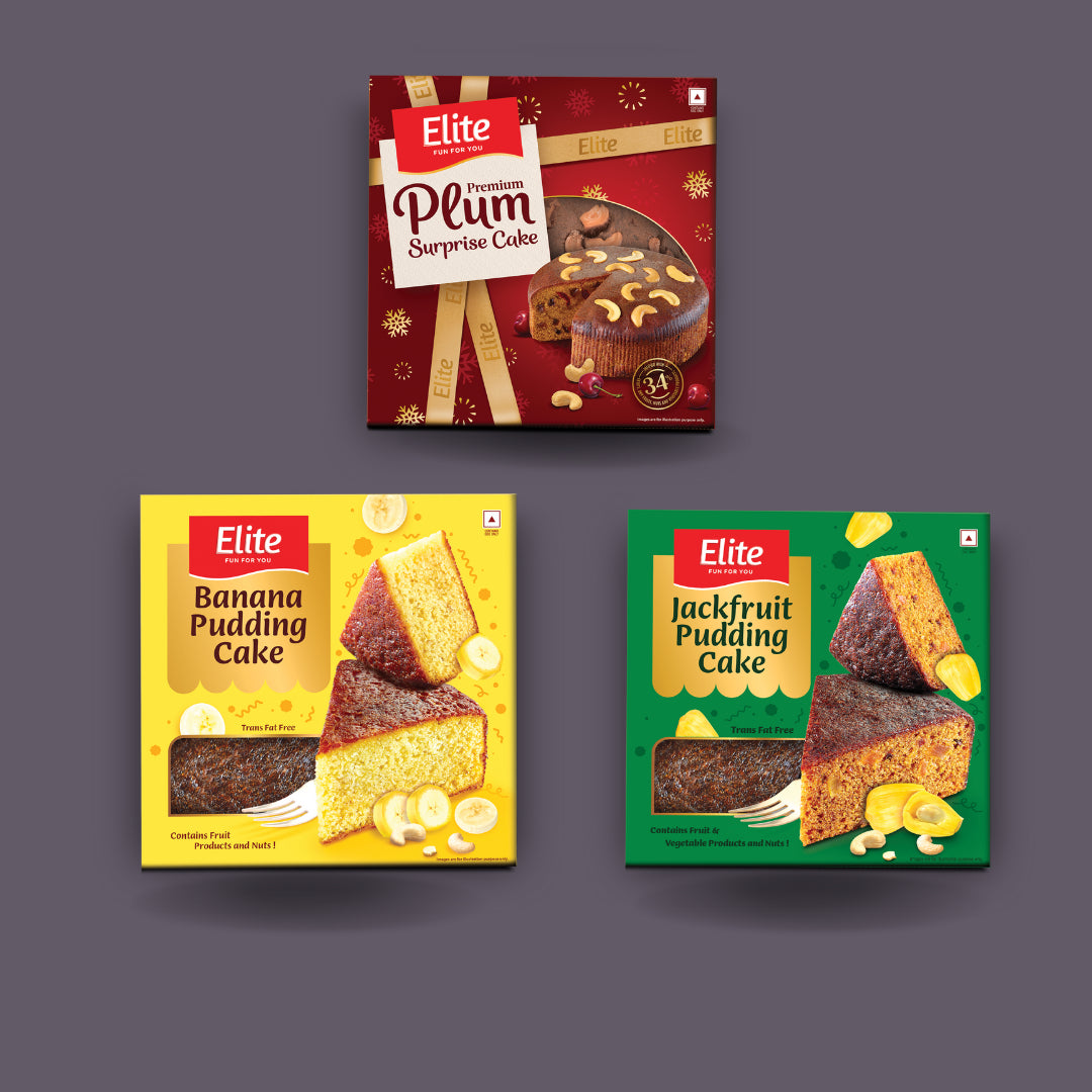 Elite Cakes Combo Pack (Plum Surprise, Jackfruit & Banana Pudding) — fronts of Plum Surprise, Jackfruit and Banana cake boxes
