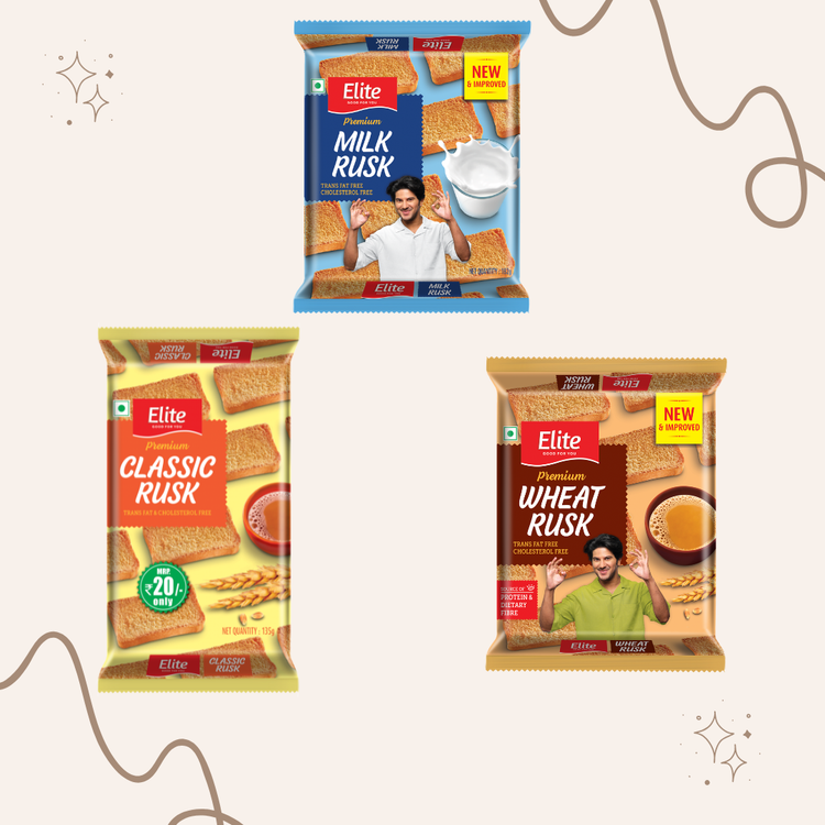 Milk Wheat Classic Rusk Combo — fronts of Milk, Classic and Wheat Rusk packs