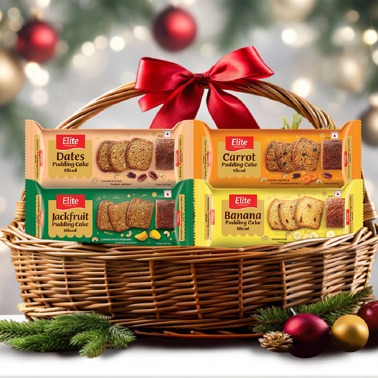 Elite Slice Cake Combo (Banana, Dates, Jackfruit & Carrot) — four flavour packs styled in a basket
