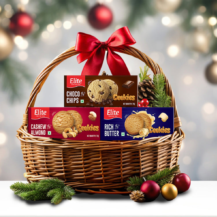 Elite Cookies Combo Pack (Cashew Almond, Butter & Choco Chip Cookies) — three cookie varieties styled in a basket