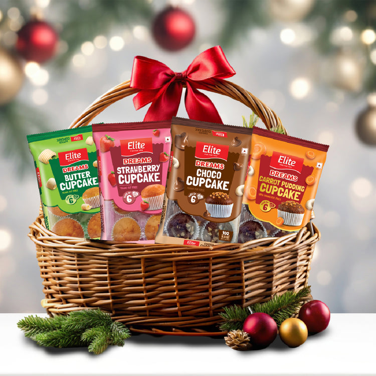Elite Cup Cake Combo — four cupcake flavours styled in a basket